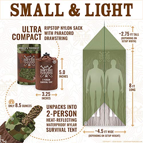 Don't Die In The Woods – Emergency Tent – Compact Outdoor Survival Shelter | Ultralight – Waterproof – Extra Thick – Space Blanket Thermal Mylar for Hiking Camping Survival Gear First Aid Kit Essentials - color: Squatch Sh*t Camo