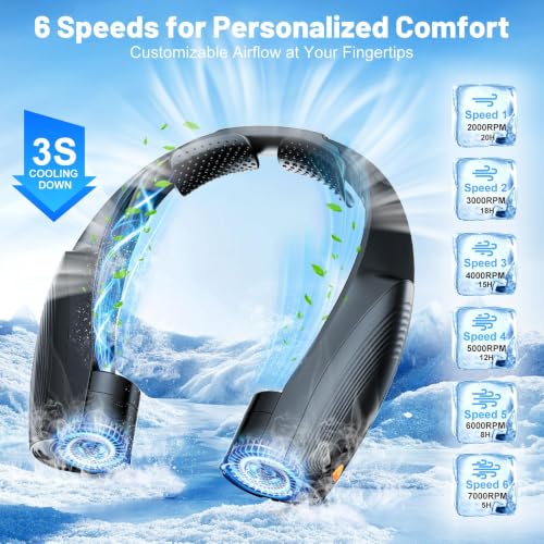 Portable Neck Fan with 6 Powerful Speeds, 8000mAh Battery Rechargeable Fan - color: Black