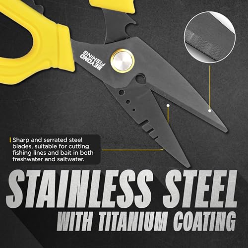 Beyond Fishing 6.5" Pro Fishing Shears Dual Serrated Blades, Fishing Braided Line Scissors with Titanium Coating, Non-Slip Grip & Multifunction Tool, Includes Hard Molded Locking Sheath - color: Omnipro - Yellow