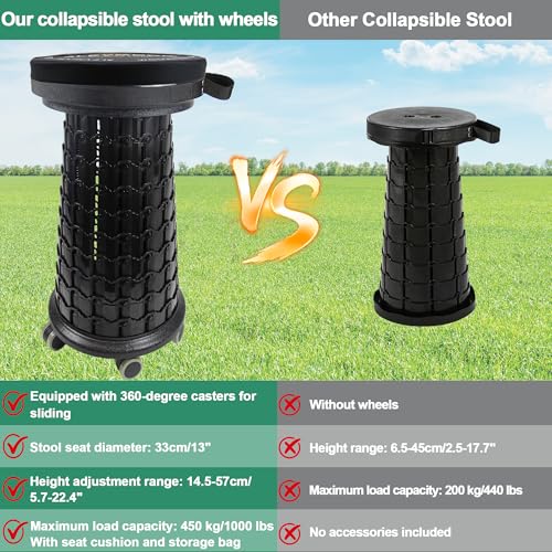 ALEVMOOM Upgrade XXL Collapsilbe Stool with Wheels & Cushion, H 20.1“, D 13” Heavy Duty Load Capacity 1000lbs, Portable Retractable Telescoping Folding Rolling Stool for Home, Office, Garage - color: Black Wheels