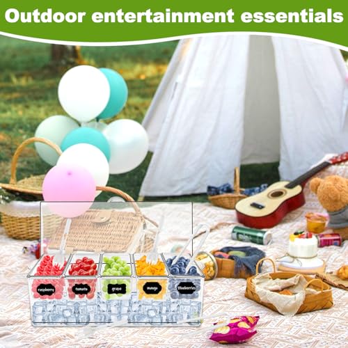 Ice Chilled Condiment Server Caddy, Bar Fruit Caddy with Lid and 5 Removable Compartments, Plastic Storage Food Container Clear Ice Condiment Serving Tray for Party, Toppings Bar Container