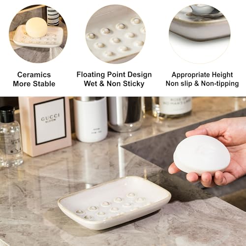 Miamolo Soap Dish for Shower, Ceramic Soap Dish Non-Slip Soap Holder Bar Saver Tray for Bathroom Kitchen Sink, Floating Point Design Save Soap Loss (Pack of 2) - color: Beige, size: Floating Point Design (Pack of 2)