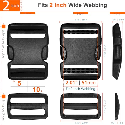 HISUNTEC 2 inch Straps Buckles Set: Nylon Webbing Strap 6 yard, Side Release Plastic Buckle 5 pack, Tri-glide Slide Clip 10 pcs, Heavy Duty Quick Snap Fasteners Dual Adjustable No Sewing Required - size: 2" x 6 yd Strap + 5 pack Buckles