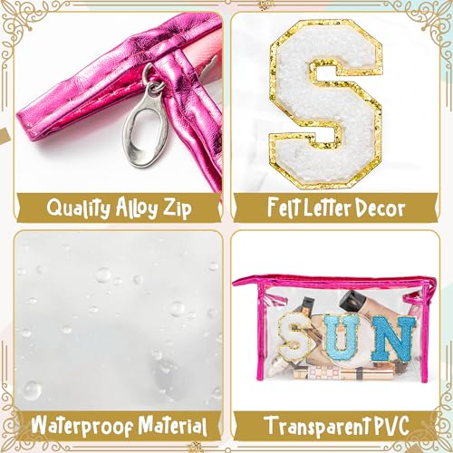Y1tvei Clear SUN Makeup Bag - Preppy Blue SUN Chenille Varsity Letter Cosmetic Bag PVC Transparent Zipper Waterproof Beach Makeup Carry Pouch Portable Travel Toiletry Organizer for Women(Rose Red) - color: Blue SUN Rose Red