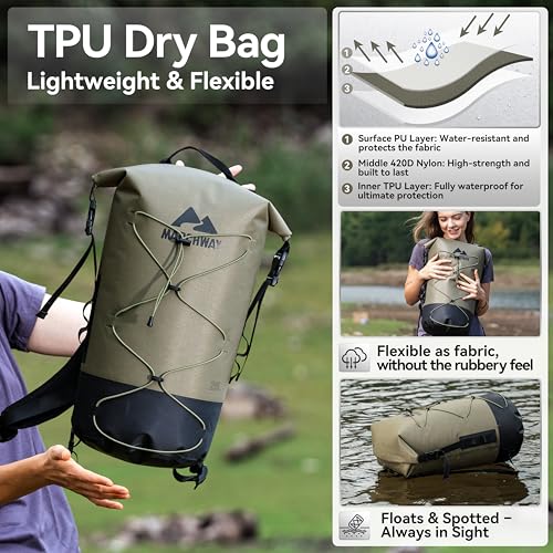 MARCHWAY Floating Roll Top Dry Bag, Flexible Lightweight TPU-coated Nylon Waterproof Backpack 20L/30L/40L with Padded Straps for Boating, Kayaking, Swimming, Hiking, Beach (Green, 20L) - color: Green, size: 20L