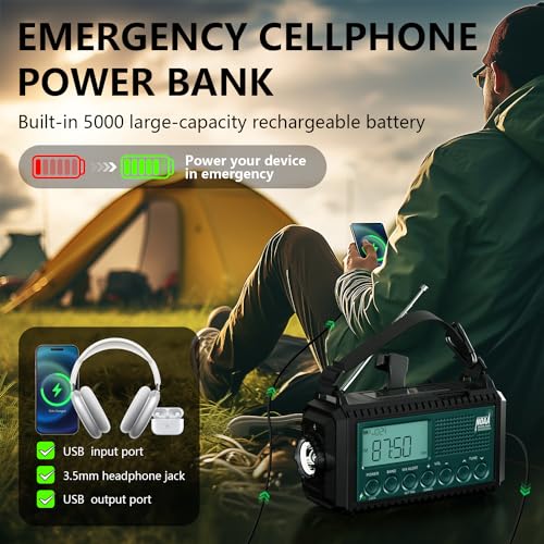 Emergency Crank Weather Radio with NOAA Auto Alerts and Shortwave, 5000mAh | Solar Charging, AM/FM/SW, Flashlight, Reading Lamp, SOS Alarm, Phone Charger, Time Clock and Large LCD Display - color: Blue