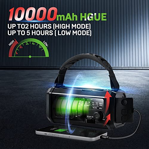 Emergency NOAA Weather Radio, 10000mAh Solar Hand Crank Radio with AM/FM - color: Black 10000mAh
