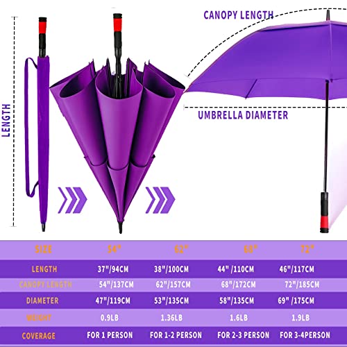 62/68/72 Inch Large Golf Umbrella Windproof Waterproof Auto Open | Oversized Double Canopy Vented, 210T Waterproof Pongee Fabric, Light Fiberglass Frame, Unique Red Foam Handle - color: Purple-Red Handle, size: 68"