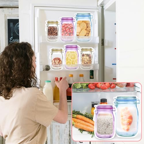 Fireboomoon 30 PCS Multi-Size Mason Jar Bottle Pattern Zipper Bags,Reusable Airtight Seal Leak-Proof Portable Food Snack Save Storage Pouch Bag for Travel Picnic Camping and Kids