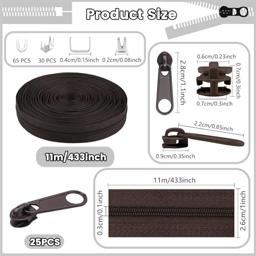 DOITEM 12 Yards Nylon Coil Zipper by The Yards, #3 Bulk Zippers for DIY Sewing Craft Bags with Replacement 25PCS Sliders (Brown, #3) - color: Brown, size: #3
