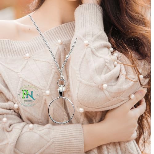 10X Magnifiers Glass Pendant,Brass Vintage Style,Chain Necklace with 40mm Diameter,Pocket Portable Magnifying Lens,Loupe Monocle,Reading, Inspection,Collectible,Books,Décor Gift Silver
