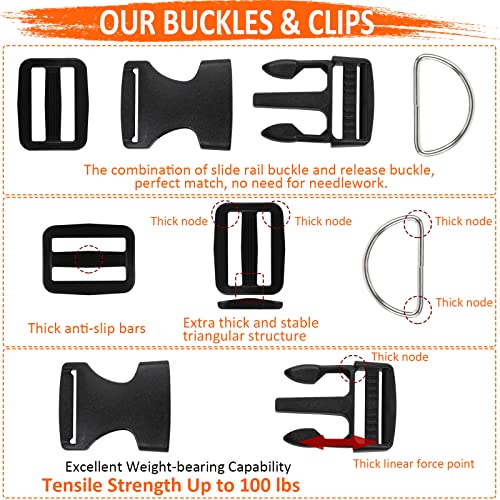 Heavy-Duty Buckle and Strap Set 1“: 6 Yards of Thick nylon webbing, 6-Pack Adjustable Quick Side Release Plastic Buckles, 12 Tri-Glide slide Clips, 6 Metal D-rings, Black (1” Combo kit) - size: 1" x 6 yd