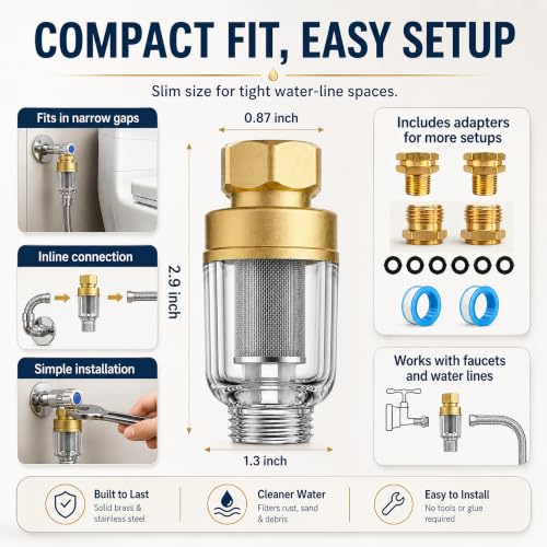 2 Pack 50 Micron Sediment Water Filter for Washer, Faucet & Heater | Reusable stainless steel screen traps sand and rust. Includes brass fittings, adapters and extension tubes - color: Style C