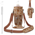 Stanley Water Bottle Bag with Adsjust Strap for 30/40 Oz Tumbler, Water Bottle Carrier with 3 Pockets, Cleaning Brush & Straw Cover, Stanley Cup Carrier Bag for Walking, Gym,Travel, Yoga - color: Daisy Highland Cow