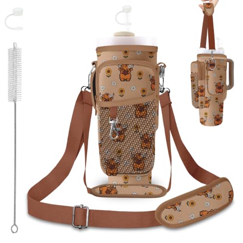 Stanley Water Bottle Bag with Adsjust Strap for 30/40 Oz Tumbler, Water Bottle Carrier with 3 Pockets, Cleaning Brush & Straw Cover, Stanley Cup Carrier Bag for Walking, Gym,Travel, Yoga - color: Daisy Highland Cow