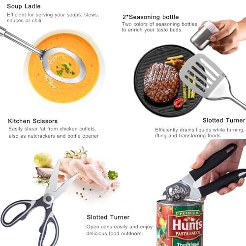 Camping Cooking Utensils Set - Camping Utensil Set Car Camping Cooking Essentials Gear for Camp Kitchen Cooking and Grilling, Stainless Steel & Silicone Ideal Gift for RV Tent Camper - color: Black-31Pcs