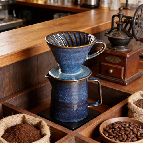 Pour‑Over Coffee Maker, Starry‑Blue V60 Ceramic Pour‑Over Coffee Pot, 450ml Pour‑Over Coffee Dripper, Comes with 40‑Pack Coffee Filters - color: Filter+cup
