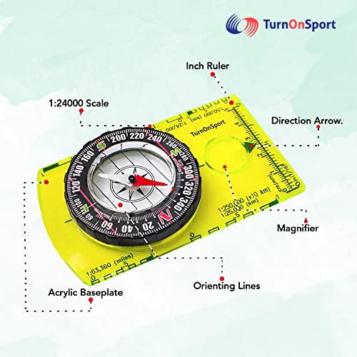 TurnOnSport Orienteering Compass - Advanced Scout Compass for Hiking, Camping, and Backpacking - Best Survival Gifts for Kids
