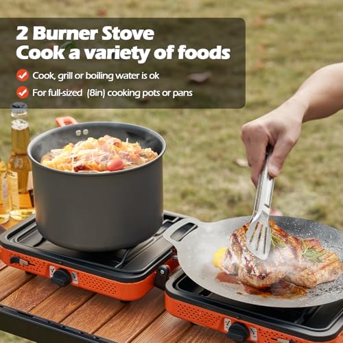 Odoland Portable 2 Burner Camping Stove Propane 17000 BTU/h Gas Stove Collapsible Backpacking Stove for Indoor Outdoor Cooking Hiking and Picnic
