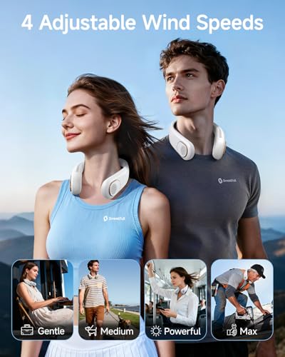 SWEETFULL Portable Neck Fan: 5200mAh Bladeless Personal Fan | 4 Speeds, 20H Max Runtime, No Hair Twist Quiet Wearable Fan for Travel | Birthday Gifts for Men Women Mom Dad - color: A4 White