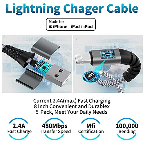 5 Pack Short Lightning Cable(8 Inch), [Apple MFi Certified] iPhone Fast Charging Cable,USB to Lightning High Speed Data Sync Nylon Braided Cord for iPhone 14/13/12/11/XR/X/8/7/6/iPad/Airpods/PowerBank - color: A TO L Silver 8IN