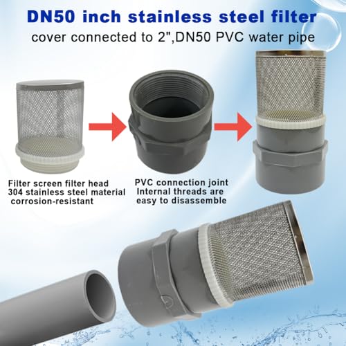 2" Stainless Steel Filter Cover Connected to 2 inch/DN50 Grey PVC Filter Water Pipe, Suction Strainers Used to Remove Debris and Reduce Solid Entry（1pcs） - size: 2"DN50