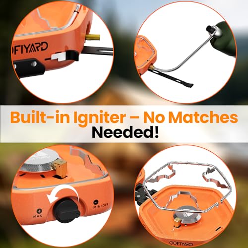 Cofiyard Propane 2 Burner Camping Stove with Carrying Bag, Portable Folding Gas Stove for Camping, Backpacking Camp Stove for Outdoor Cooking with 17,000 BTU Adjustable Burners for BBQ, Tailgating - color: Tangerine