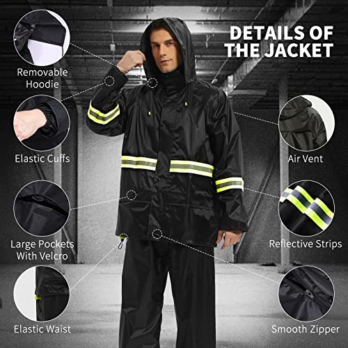Rain Suits for Men Women Waterproof, Breathable Rain Coats with Eye-Catching Reflective Strip, Durable Rain Gear - color: Black, size: X-Large