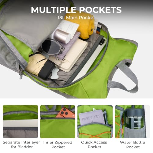14L Small Hiking Backpack, Packable Travel Daypack for Men Women | Lightweight, Quick-Access Phone Pocket, Breathable, Water Resistant, Adjustable Straps, Emergency Whistle, Commuting Cycling - color: Green