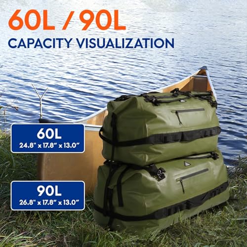 Haimont IPX7 Waterproof Roll-Top Dry Duffel Backpack | 60L/90L Sizes, 500D Tarpaulin, Welded Seams, Mesh Pockets, Boating & Kayaking - color: Army Green, size: 60L