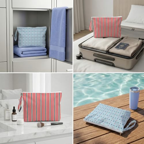 Fokongna 2 Pack Reusable Leakproof Waterproof Wet Bag, Multi Purpose Dry Wet Separation Organizer for Swimsuits Beach Gear Gym Laundry Cosmetic Essentials - color: Summer Stripe & Polka Dot Set 01