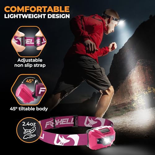 Foxelli USB‑C Rechargeable LED Headlamp – Ultra‑Light 2.4 oz & Bright 180 Lumens – Red/White Light, 5 Modes, IPX5 Waterproof, 40 h Runtime for Trail Running, Camping, Hiking - color: Neon Pink