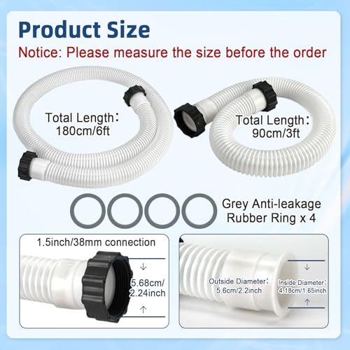 2 Pack 1 1/2 Pool Hose for Above Ground Pools 6ft&3ft Long Pool Pump Replacement Filter Hoses 1.5" EVA Swimming Pool Filter Hose for Filter Pumps, Saltwater Systems and Sand Filters (White) - color: White