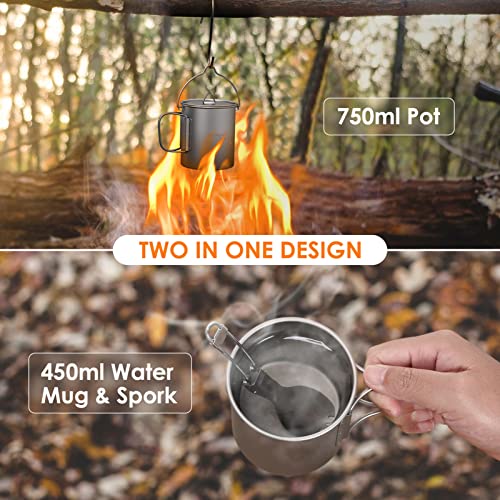 TOMSHOO 750ml Titanium Pot with Lid + 450ml Titanium Mug + Folding Spork | Camping Coffee Cup with Foldable Handle, Backpacking Cup for Hiking Travelling Camping Open Fire - size: 750 mL Pot + 450 mL Cup + Spork