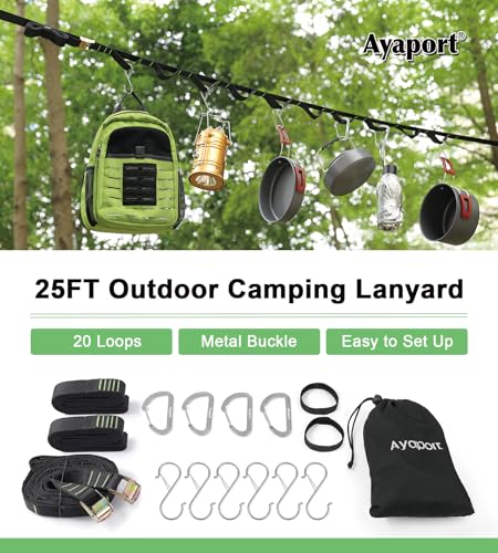 Ayaport Campsite Storage Strap Tent Camping Tree Hanging Organizer with 4 Carabiner Hooks 6 Stainless Steel S Hooks & 20 Separated Loops, Camping Set Travel & Outdoor Camping Gear