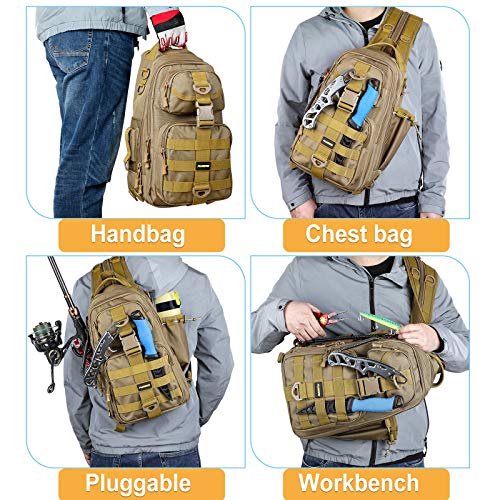 PLUSINNO Fishing Backpack Tackle Bag, Water-Resistant Backpack with Rod Holder, Ideal Gifts for Men - color: Khaki Single Backpack