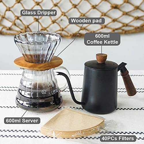 SOTECH Pour Over Coffee Maker Set with Black Gooseneck Kettle Wooden Storage Tray Coffee Dripper Glass Server Coffee Scoop DIY Manual Coffee Maker Set (Portable Sack Set) (coffee maker set) - color: coffee maker set