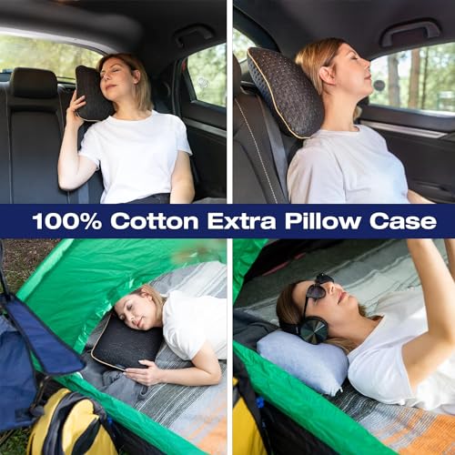 alkamto Travel & Camping Comfortable Memory Foam Pillow – Easy to Carry Portable Bag – Temperature Regulating Pillow Case (Black + Extra Cover) - size: Black Travel + Extra Cover