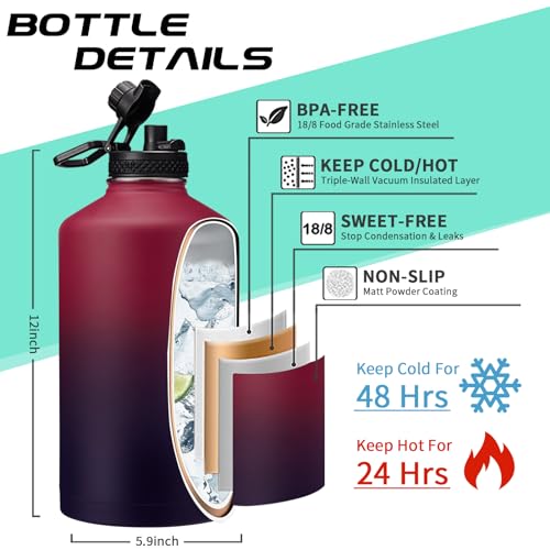 1 Gallon Insulated Water Jug - with Paracord Handle, Straw & Chug Lid, Water Bottles Holder with Strap, 128oz Stainless Steel Large Water Bottle, Keep Hot 12H & Cold 48 for Travel Hiking Camping Work - color: Rose Purple Gradient, size: 128 Ounces