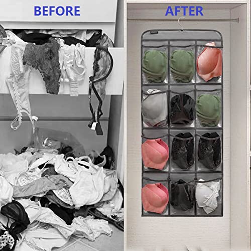 Dual Sided Hanging Shoe Organizer for Closet with Rotating Hanger Hanging Shoe Rack Holder with 24 Large Pockets (GREY-Clear Pockets) - color: GREY