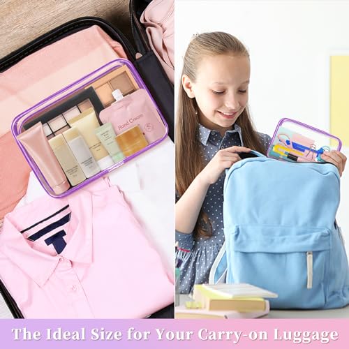 TISRATOK 12 PCS Clear Makeup Bags with Zipper, TSA Approved Toiletry Pouch - color: Purple, size: Large
