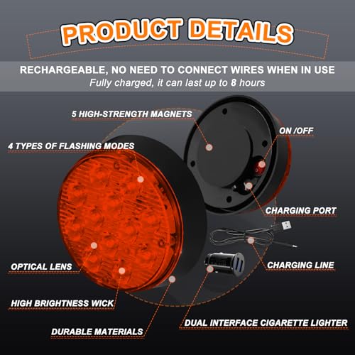 2PCS Magnetic Amber Strobe Lights, Emergency Strobe Hazard Lights | Rechargeable Flashing Safety Warning Beacon Light, Wireless Battery Operated Road Flares Marker Strobe Lights for Trucks, Car - color: Amber