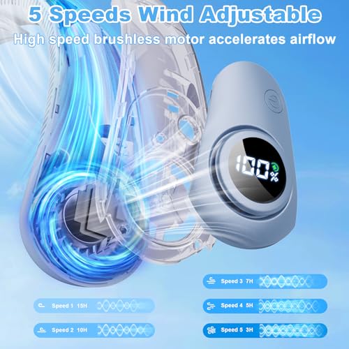 Portable Neck Fan that Blow Cold Air, LED Display, Rechargeable Hands-Free Wearable Cooling Personal Fan, 5 Speed, Neck Support, Bladeless Neck Air Conditioner, Gifts for Women/Men, Hot Flashes - color: Light Blue