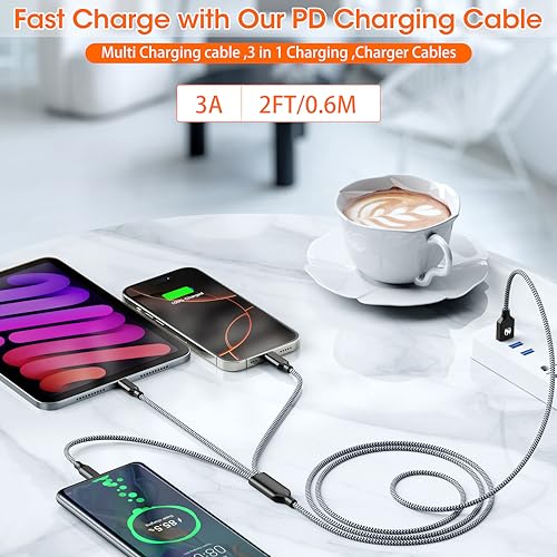 Short Multi Charging Cable,USB Universal Charger,2Pack 2ft Car Cord - color: Grey/Black-2FT-2Pack