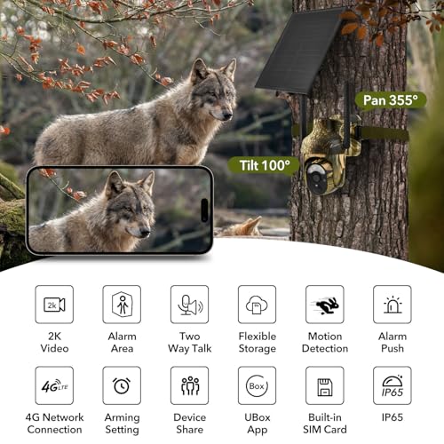4G LTE Cellular Trail Camera, Built-in SIM Card, Solar Powered Game Camera | 2K Night Vision, No WiFi Needed, 360° Live Streaming, Motion Activated, Remote Access, for Wildlife&Hunting, IP65 Waterproof