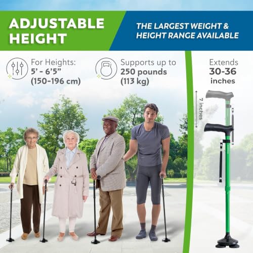 HONEYBULL Walking Cane for Men & Women, Foldable Free Standing Cane | Adjustable Height, Collapsible Design, Heavy-Duty, Pivot Base for Stable Support, Ergonomic Handle - color: Green