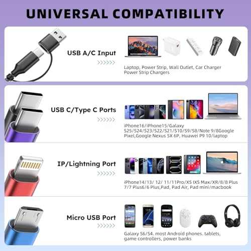 USB A/C Multi Charger Cable, 4 in 2 USB Multiple Type C Charging Cords | 3 Pack 5FT Charging Cables with 2 Type-C, IP and Micro USB Cable, Phone Charger Cord for iPhone 17-8, Android, iPad, Galaxy - color: Black-Gray