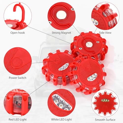 4 Pack LED Road Flares Emergency Light Kit 9 Glow Modes Flashing Safety Warning Beacon Magnet Hook Vehicle Boat Truck Disc Magnetic Flash Cars Security Driveway Automotive Strobe(Red) - color: Red