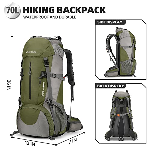 King'sGuard 70L Hiking Backpack with Rain Cover Lightweight Waterproof Travel Camping Backpack Large Backpacking Pack - color: Army Green