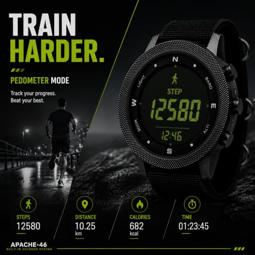 NORTH EDGE Apache 46 Men’s Outdoor Digital Watch Bundle with Extra 22mm Black Silicone Band, Altimeter Barometer Compass, Pedometer, Weather Trend, EL Backlight, 50M Water Resistant Hiking Watch